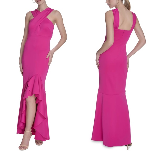 NEW ELIZA J Hot Pink SCUBA CREPE Crisscross HALTER Ruffle HIGH LOW Dress GOWN 2 - Picture 3 of 16